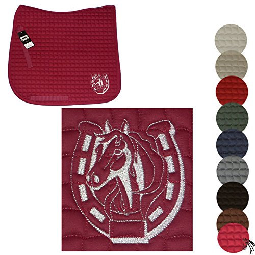 ESKADRON Dressur Schabracke mit Hufeisen bestickt, Schabrackenfarbe:creme, Garnfarbe:rot