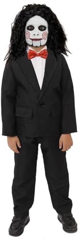 Kids Creepy Puppet Costume - X-Large - Black Suit, Black Wig, Red Bowtie, White Gloves, Red, White, Grey & Black Facepaint - Childs Halloween Fancy Dress Costume