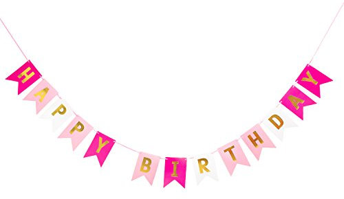 Oblique Unique® Happy Birthday Girlande Banner mit Wimpeln 2m - Pink Rosa Weiß Gold - Geburtstag Party Deko