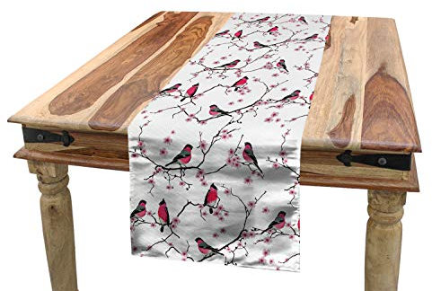 ABAKUHAUS asiatisch Tischläufer, Dompfaff Vögel Sakura, Esszimmer Küche Rechteckiger Dekorativer Tischläufer, 40 x 225 cm, Schwarz Grau Rosa