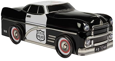 POWERHAUS24 Polizeiauto mit drehbaren Rädern, Blechdose, Geschenk, Aufbewahrung, Deko, Spielzeug, ohne scharfe Kanten, lebensmittelecht, ca. 27 cm x 12 cm, 2 Rezepte inklusive
