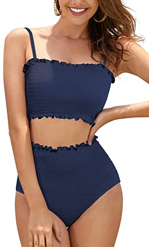SHEKINI Costume da Bagno da Donna Shirred Bandeau Bikini in Vita Alta Senza Spalline Due Pezzi