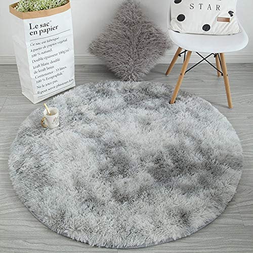 Tinyboy-hbq Teppich Wohnzimmer Schlafzimmer Rund Modern Design Shocky Lange Borsten Runde Innen rutschfest Dekor Ultra Weich Plüsch Haus Kinderzimmer Teppiche,Grau Weiß,100x100cm