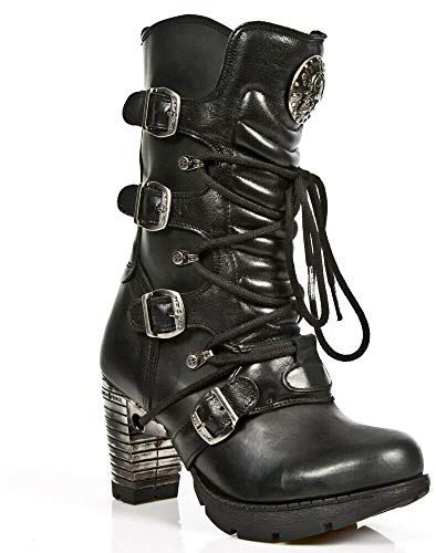 New Rock Boots TR003-S1 Damenstiefel Metalisch Schwarz Echtleder Biker Punk Design Boots