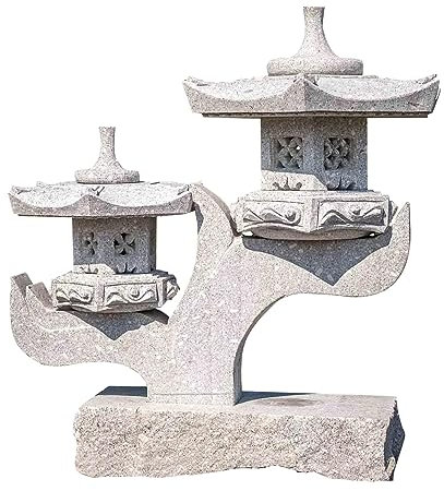 IDYL Steinlaterne aus Granit Rankei 2-armig| Frostfest | Höhe 100 cm | Grau | Handarbeit | Asiatische Dekoration für Garten - Teich - Wegebeleuchtung | Für Beleuchtung geeignet