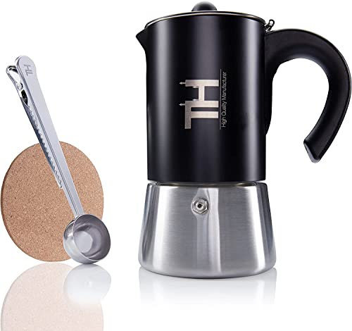 Thiru Cafetière à expresso 2 tasses à induction – Cafetière moka de qualité supérieure en acier inoxydable avec kit d'outils – Pour tous les types de plaques de cuisson – Sans revêtement