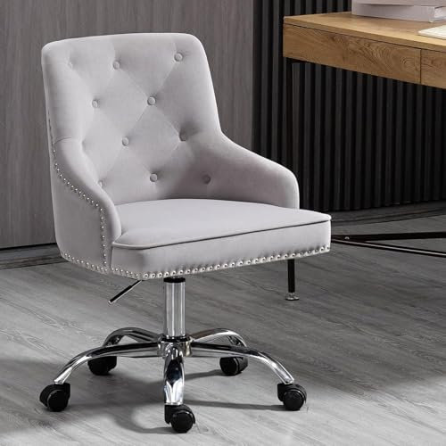 Sepnine Bürostuhl Samt, Schreibtischstuhl Aesthetic Mädchen, Schminkstuhl mit Rollen, Drehstuhl mit Silbernen Stuhlbeinen, Höhenverstellbar, Studie, Büro, Schlafzimmer, Bis 135 kg, Grau