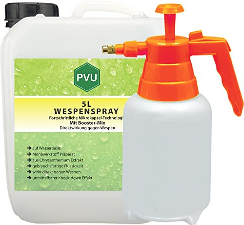 Pvu Wespenspray 5 Liter + 2 Liter Sprüher | Wespenabwehr formuliert in Deutschland | Hochwirksames Wespengift aus reinen Chrysanthemum Extrakt