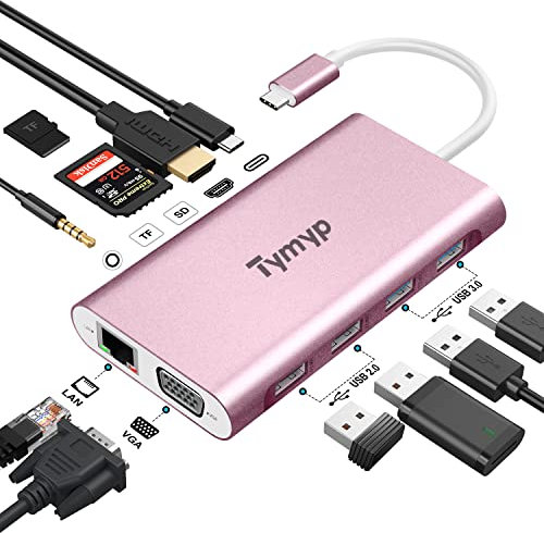 Hub USB C, Tymyp 11 en 1 Adaptateur USB C avec HDMI 4K, VGA, 4 USB A, Fente pour Carte SD/TF, Ethernet, 3.5mm Audio, PD 100W de Chargement USB C pour Macbook et Autres Appareils de Type C
