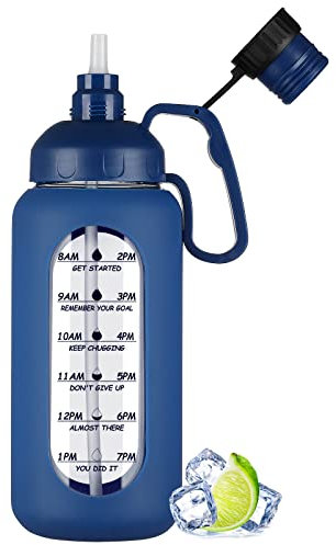 MUKOKO 64oz Glass Water Bottles with Straw, Half Gallon Water Jug with Time Marker, Sports Large Motivational Bottle with Silicone Sleeve, Klein