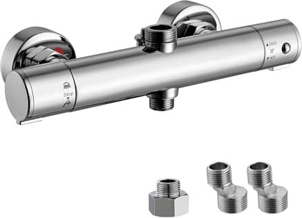 Peppermint Thermostatic Shower Mixer Bar Valve Wall Mounted, Modern Chrome Thermostatic Shower Valve Round with Two Outlet, Hot & Cold Water Mixer Constant Temperature Control for Bathroom