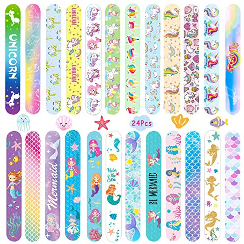 Acuiwer Braccialetti Slap 24 Pezzi Unicorno Sirene Slap Bracelets Schiaffo Bracciali Gadget Compleanno Bambini Festa Bomboniere Regalo Ragazze