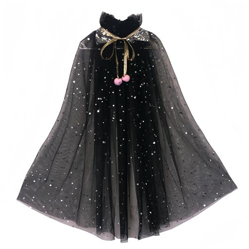 Proumhang Prinzessin Cape für Mädchen,Bunte Prinzessin Umhang,Sparkling Pailletten Tüll Prinzessin Fancy Dress,Halloween Karneval Geburtstag Thema Umhang für 3-8 Jahre alte Mädchen Schwarz L