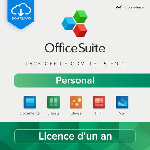 OfficeSuite Personal | Pack office 5-en-1 | Documents, Sheets, Slides, PDF, Mail et Calendrier | Licence d'un an | 1 ordinateur Windows et 2 appareils mobiles [Code en ligne]