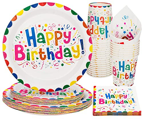 PARTY GO 100PCS Rainbow Happy Birthday Party Supplies Set Paper Plates Napkins Cups Rainbow Birthday Party Decorations for 25 Guests