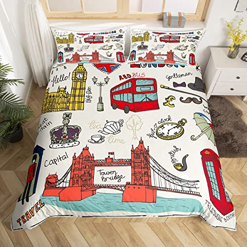London Kinder Bettbezug Set 135x200,Telefonzelle Big Ben Red Bus Aquarell Bettwäsche Set,Jungen Mädchen Erwachsene Zimmer Dekor,berühmte städtische Architektur Tröster Abdeckung,1 Kissenbezug