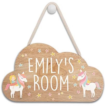 iCaseDesigner Personalised Wooden Childs, Baby, Toddler Bedroom Room Cloud Sign with Name - Unicorn Princess Theme