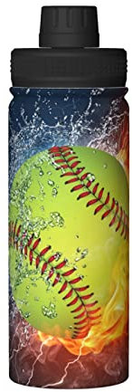 DEHIWI Orange Softball Baseball auf Feuer und Wasser, Sport-Wasserflasche, 510 ml, isolierte Edelstahl, auslaufsichere Wasserflasche für Reisen, Fitnessstudio, Büro