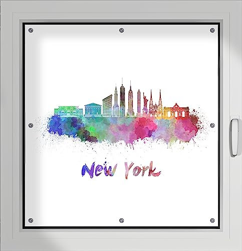 Wallario Lichtschutzbild, Dekorativer Sichtschutz Sonnenschutz 96 x 93 cm mit Motiv: Städte als Aquarell - Skyline von New York - Verdunklungsrollo ohne Bohren