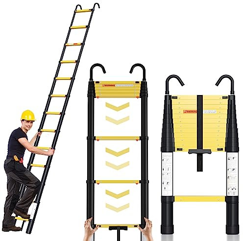 Lospitch - Scala telescopica in alluminio da 3,8 m, con chiusura Softclose, con un pulsante per ripiegarla, antiscivolo, con 2 ganci rimovibili, scala multiuso portatile, portata 150 kg (nero)