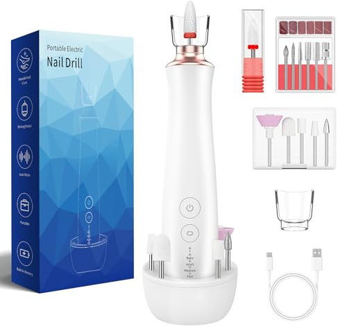 Electric Cordless Nail Drill Portable Nail Drill Machine with 12PCS Nail Drill Bits, for Gel Acrylic Nails with 5 Speeds, 8500-12000 RPM, 500mA Rechargeable Nail File for Home Salon Electric Nail File