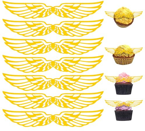 ALLY-MAGIC 50 Stück Gold Glitter Flügel Kuchen Dekoration, Zauberer Kuchen Deko Cupcake Topper, Dekoration Hexe aus Schokolade Cupcake Topper für Geburtstag Party E6-CBCP(1)