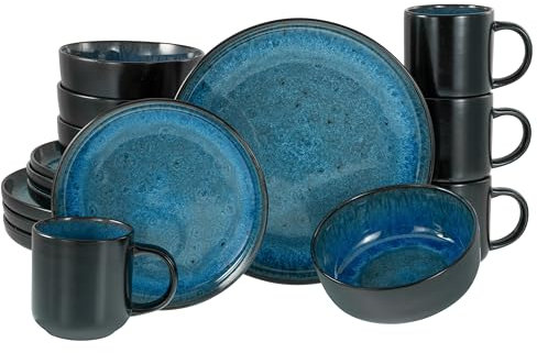CreaTable, 20149, Serie Nordic Fjord Blue, 16-teiliges Geschirrset für 4 Personen, Kombiservice aus Steinzeug, spülmaschinen- und mikrowellengeeignet, Qualitätsproduktion