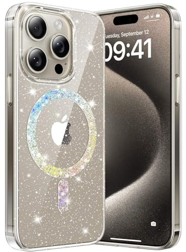 nicekool Hülle für iPhone 15 Pro Kompatibel mit MagSafe, Transparent Glitzer Magnetische HandyHülle Case für Frauen Bling Schutzhülle Schutzhülle Leicht Dünn Kratzfeste Rückseite, Crystal Klar
