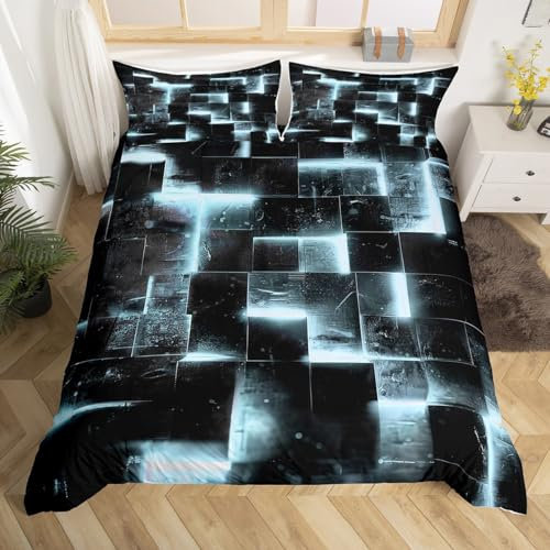 Parure de lit blanche grisâtre et noire avec housse de couette 3D pour lit double - Moderne abstrait - Motif géométrique à carreaux futuristes - Noir réversible