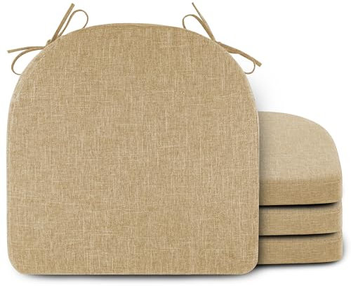 FlyGulls Sitzkissen aus Memory-Schaum, Leinen, Stuhlkissen für Esszimmerstühle mit Bändern, Küchenstuhlkissen, rutschfest, U-Form, 45 x 45 x 5 cm, Beige, 4 Stück