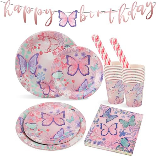 hicoosee 101 PCS Tache de Papillon Vaisselle de Fête avec Unique Decoration Anniversaire, Jetable Vaisselle ont Assiettes Gobelets Papier Pailles Serviettes, Party Assiettes pour Enfants, 20 Invités