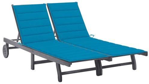 Homgoday 2-Personen-Sonnenliege mit Auflage Blau Gartenliege Relaxliege Sonnenliegen für 2 Personen Doppelliege Balkonliege Verstellbare Rückenlehne Grau Akazie Massivholz