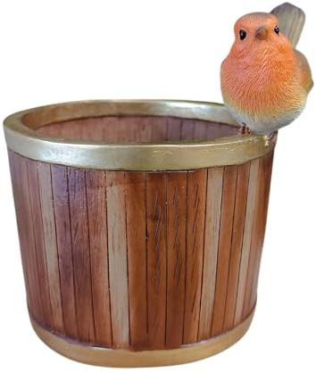 Vivid Arts Water Barrel with Robin - BS-RB15-D | Perfect for Planting | 12.3 x 12.3 x 9.5 CM