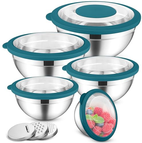 HaWare Rührschüssel 5er Set, Edelstahl Schüssel Salatschüssel Set mit Transparenten Luftdichten Deckeln & 3 Reibenaufsätzen zum Kochen Backen, 4,5L/2,8L/1,5L/1,2L/0,7L, Spülmaschinenfes, Blau