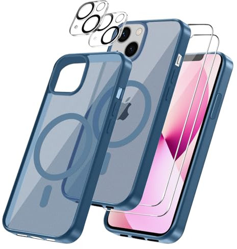 Cover per iPhone 13 Compatibile con 2 vetri temperati e 2 vetri per fotocamera, Translucent Matte Slim Back PC+TPU Bumper Shockproof Compatible Magnetic Cover per iPhone 13 - Blu Zaffiro