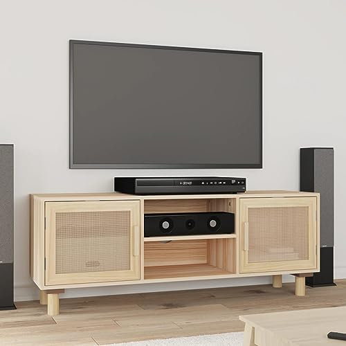 Homgoday Mueble TV marrón 105 x 30 x 40 cm madera maciza de pino y ratán natural, mesa para TV, mueble para TV salón, mueble bajo para TV de salón industrial soporte TV