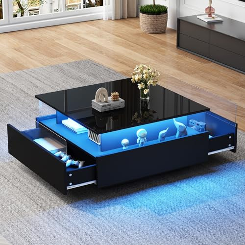 Merax Couchtisch in Hochglanz Schwarz, quadratischer Wohnzimmertisch mit LED Beleuchtung, Kaffeetisch mit 2 Schubladen und Transparenter Ausstellungsbereich, Sofatisch Beistelltisch Teetisch für Büro