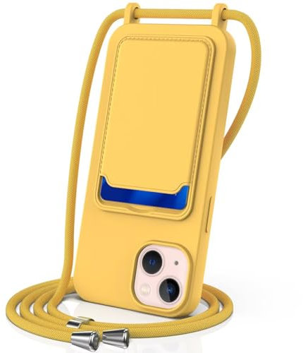SLWYF Custodia per iPhone 13/iPhone 14 Cover con cordino regolabile, con porta carte, Silicone Antiurto TPU Regolabile Stylish custodia a tracolla per iPhone 13/iPhone 14, Giallo