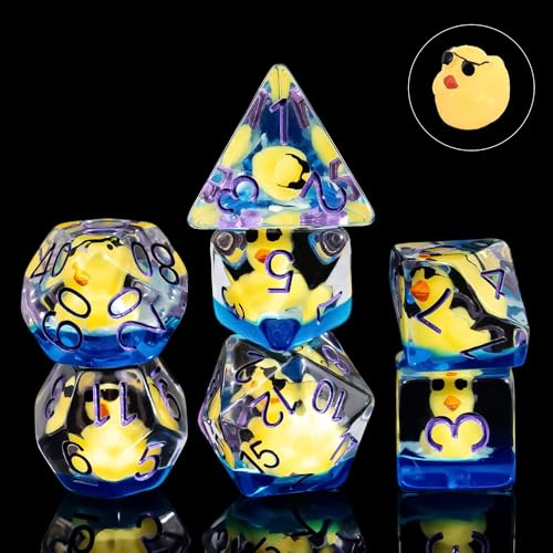 Cusdie DND-Würfel-Set, 7-teilig, transparente Harzwürfel mit Sonnenbrille tragendem Enten-Design, perfekt für Brettspiel-Enthusiasten, Geschenke, Sammler, mit Samtbeutel (gelbe Ente mit Sonnenbrille)