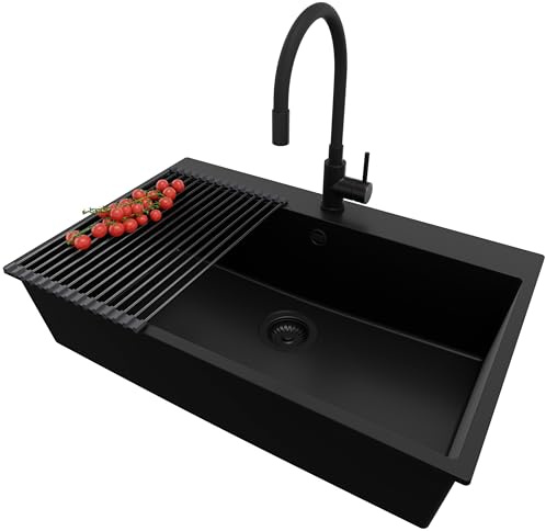 PRIMAGRAN Fregadero Granito al Mueble 80cm + Grifo, 78x50cm | Set: Grifo BW6020 + Kit de desagüe + Enrollable Escurridor + Riga 1 Seno para Cocina, Todo Negro