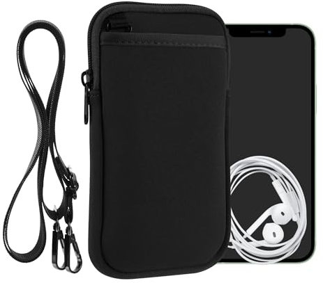kwmobile Estuche de Neopreno Universal para Smartphone - Funda con Cuerda Doble Cremallera mosquetón para Llaves y Bolsillos - Negro