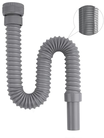 Hibbent Sifon Lavabo, Universal de 1-1/4” ó 1-1/2”, Sifón Lavabo Flexible Inodoro con Alambre de Acero Incrustado, y Salida de 32 mm, Para Lavabo de Cocina y Baño, Gris