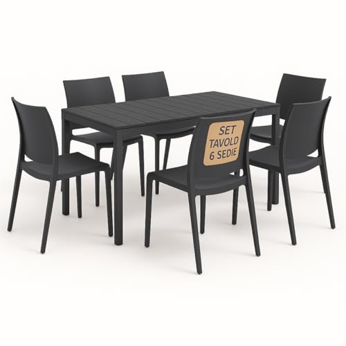Tomaino - Set Lion King Tisch und Gartenstühle aus Kunststoff - Set für den Außenbereich, 1 Esstisch mit 6 stapelbaren Stühlen (Anthrazit)