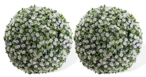 Artificial Topiary Balls, Set of 2 Artificial Rose Topiary Balls, 40cm Faux Leaf Hanging Ornaments w/Pre-Attached Chain, UVProtected Indoor Outdoor Hanging Decorative Faux Grass Balls w/White Flowers