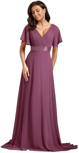 Ever-Pretty Women's Double V-Neck Short Flutter Sleeves Empire Waist Elegant Chiffon Long Evening Dresses Damson 20