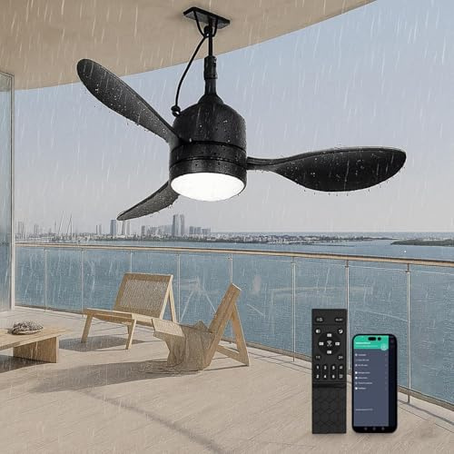 LEONTYNE 37 IP65 Waterproof Ceiling Fan with Light, Quiet DC Motor 6 Speeds Reversible, 3 CCT Dimmable Fan Light, 3m Plug-in Cord, Remote & APP Control, Timer Memory, for Patio Garden Porch Terrace