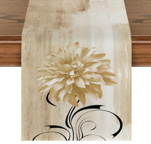 Brylleii Tischläufer Modern Kurz 40x100 Beige Abwaschbar Klein Läufer Tisch Creme Natur Landhausstil Vintage Shabby Table Runner Retro Blume Tischdeckchen Dekoratives für Gartentisch Außenbereich