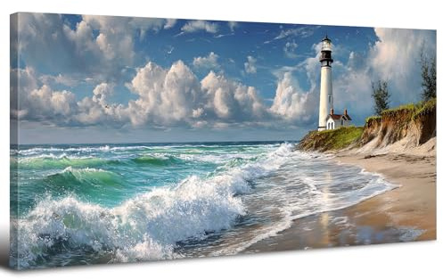 Impressions sur Toile Phare Tableau Décoration Plage Affiche Peinture Océan Bleu Tableau sur Toile Paysage Côtier Paysage Marin Œuvre d'art Moderne Décoration pour Maison Bain Salon Chambre 50x100 cm