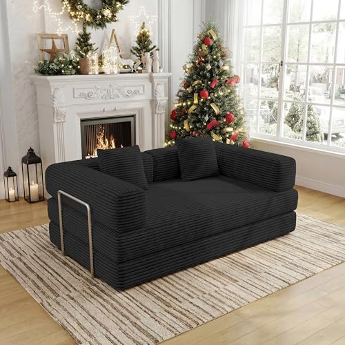 59 Inch Convertible Sofas Bed, 5-in-1 Futon Sofa Pull Out Sleeper Couch, Boneless Couches for Living Room, Corduroy Floor Compression Loveseat for Bedroom, Apartment, No Assembly, Black, 2 Seat