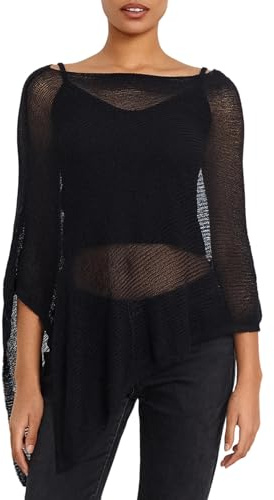 Edhomenn Womens Sheer Poncho Crochet Cover Ups Hollow Out Beach Pullovers | Lightweight Loose Vacation Clothes See Through Asymmetrical Summer Poncho